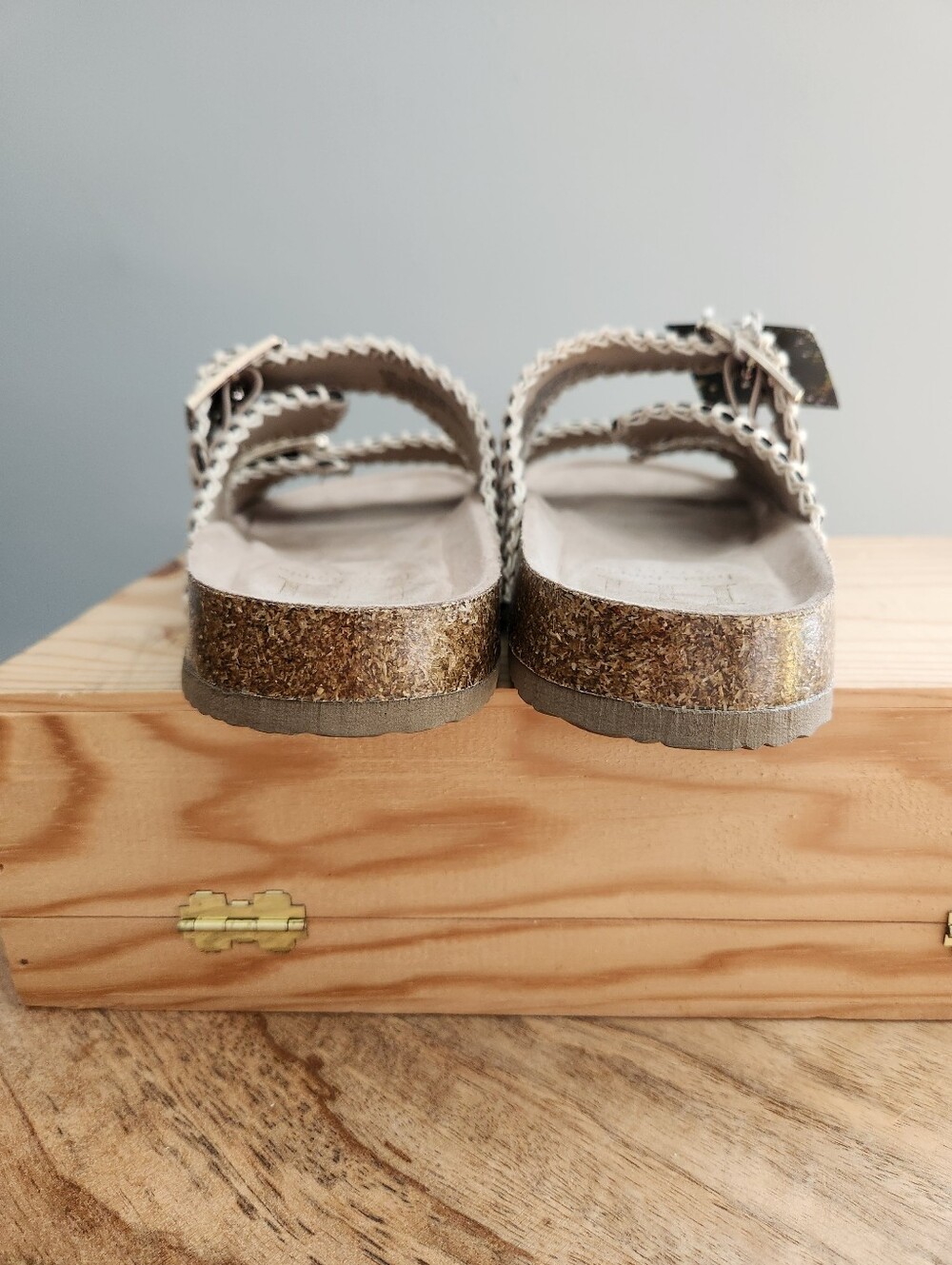 Haute Hippie Taupe Double-Buckle Embroidered Slide Sandals - Picture 3 of 16